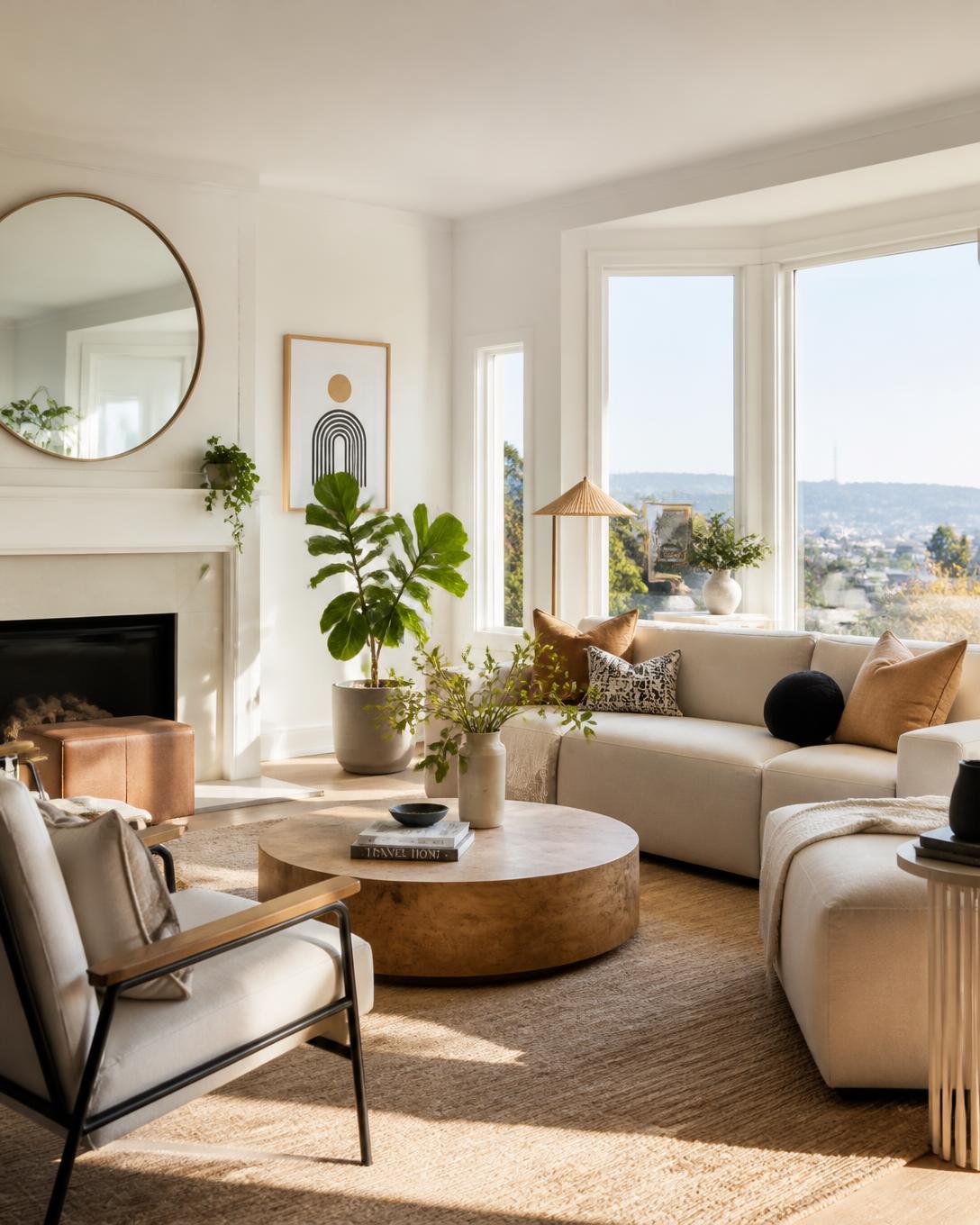 Sunlit Bay Area living room with large windows